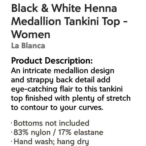 La Blanca New Black & White Henna Medalion Tankini SwimTop, 4 - Picture 6 of 6